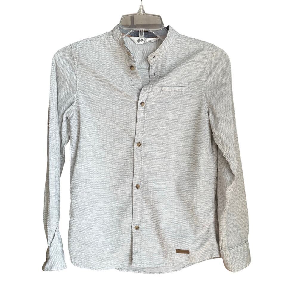 H&M Boys Gray Blue Mock Neck Lightweight Woven Button Down Shirt Size 10 Casual
